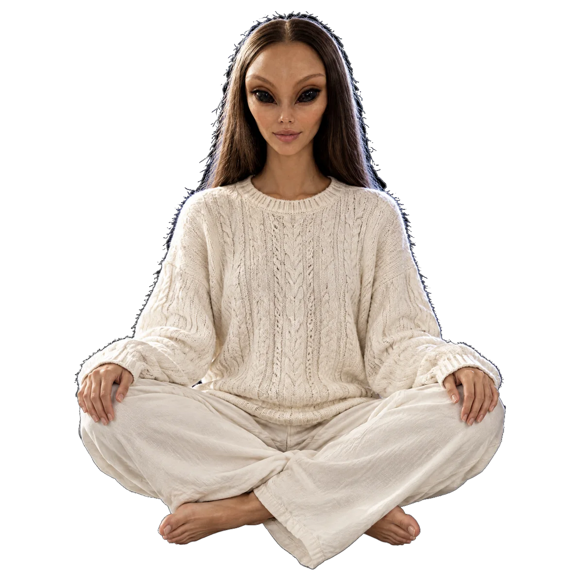 Mira Vance floating cross-legged in space